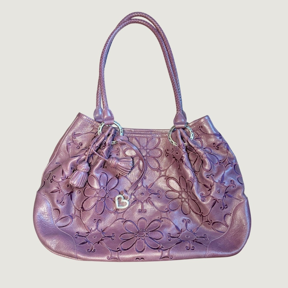 Brighton Valencia Shoulder Bag Purple Leather Floral Embroidered Tassel Heart